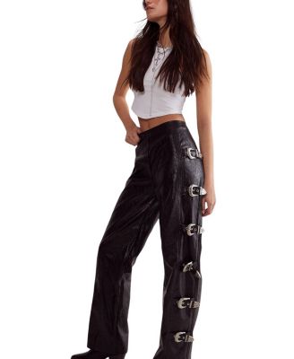  Faux Leather Buckle Detail Pants