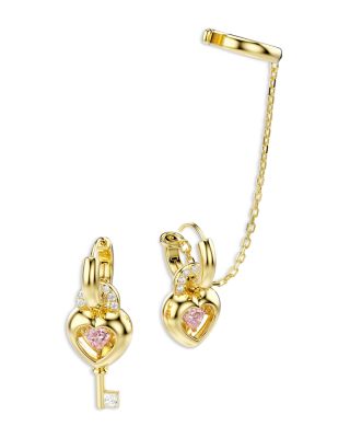 Idyllia Stone Heart Lock & Key Mismatch Hoop With Cuff Earrings