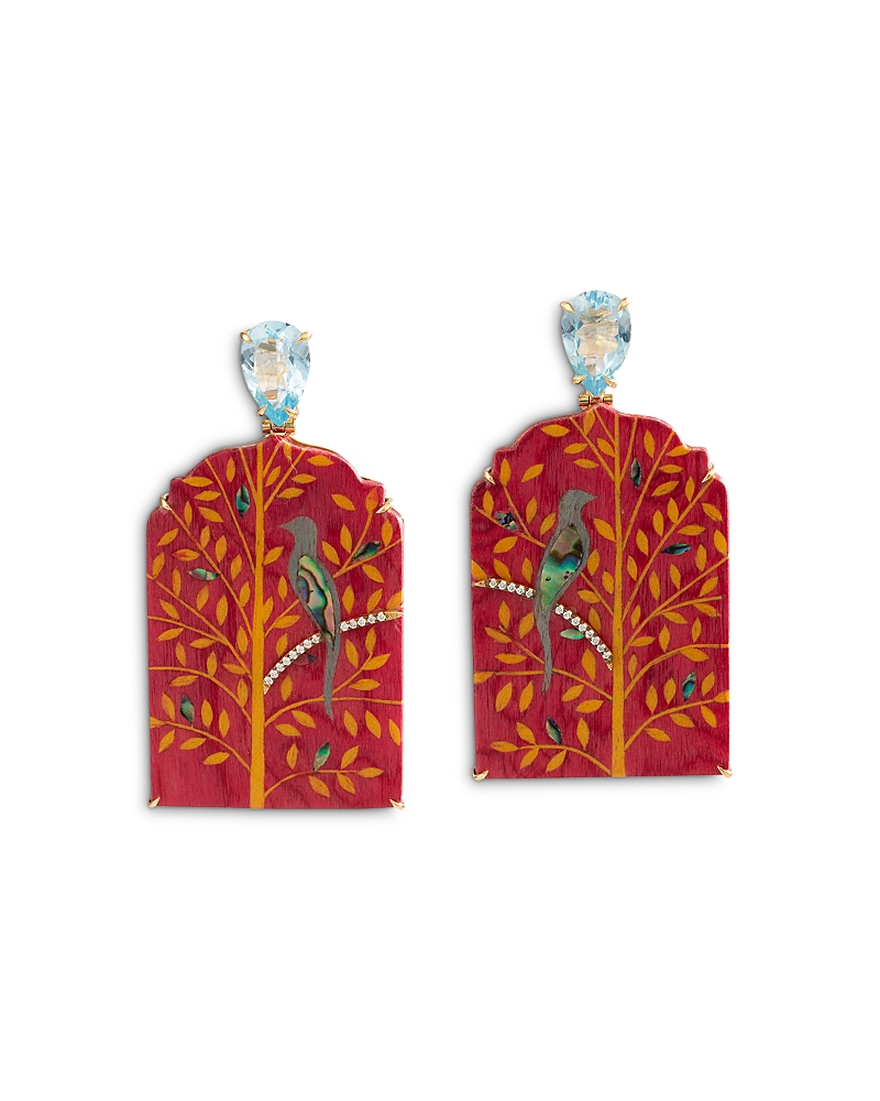 Silvia Furmanovich 18K Yellow Gold Kashmir Blue Topaz, Abalone Inlay & Diamond Bird Print Drop Earrings