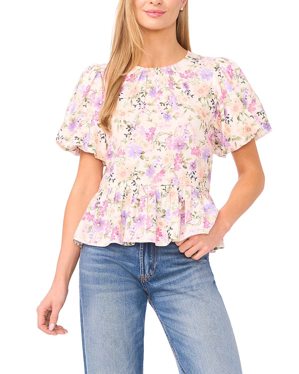 CeCe Puff Sleeve Shirred Crewneck Top