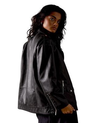 Oversized Whipstitch Leather Look Jacket