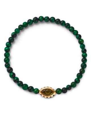 14K Yellow Gold Peridot Eye of the Idol Green Tiger Eye Bead Bracelet