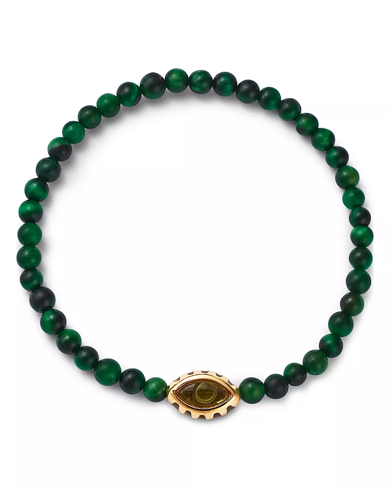 Luis Morais 14K Yellow Gold Peridot Eye of the Idol Green Tiger Eye Bead Bracelet