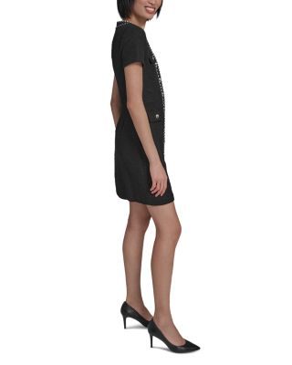 Beaded Trim Knit Tweed Sheath Dress