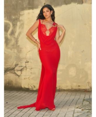  Ulanda Chiffon Lace Backless Maxi Train Dress