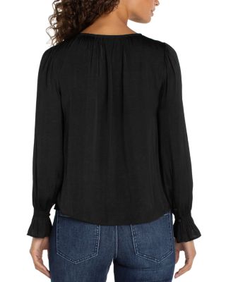 Long Sleeve Button Front Woven Top with Smocking