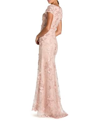  Floral Applique Boat Neck Cap Sleeve Gown