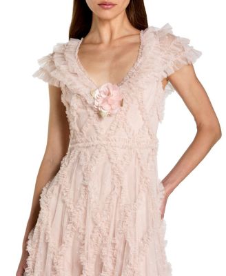  Micro Ruffle Cap Sleeve A-Line Midi Dress