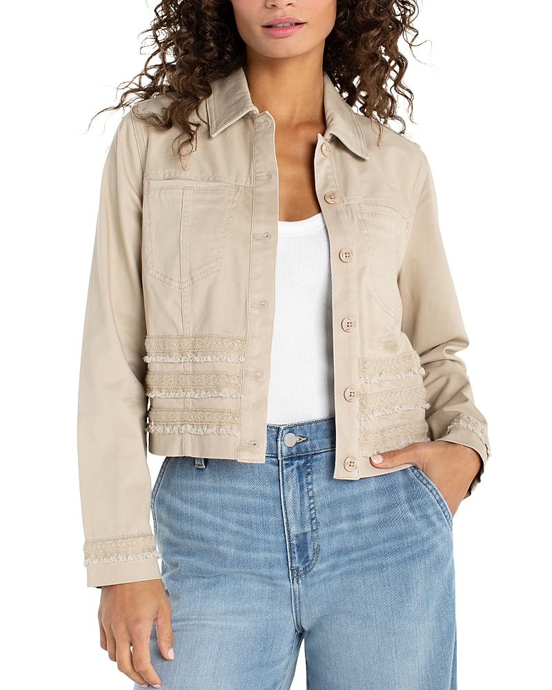 Liverpool Los Angeles Denim Trucker Jacket with Fray and Lace in Safari Sand