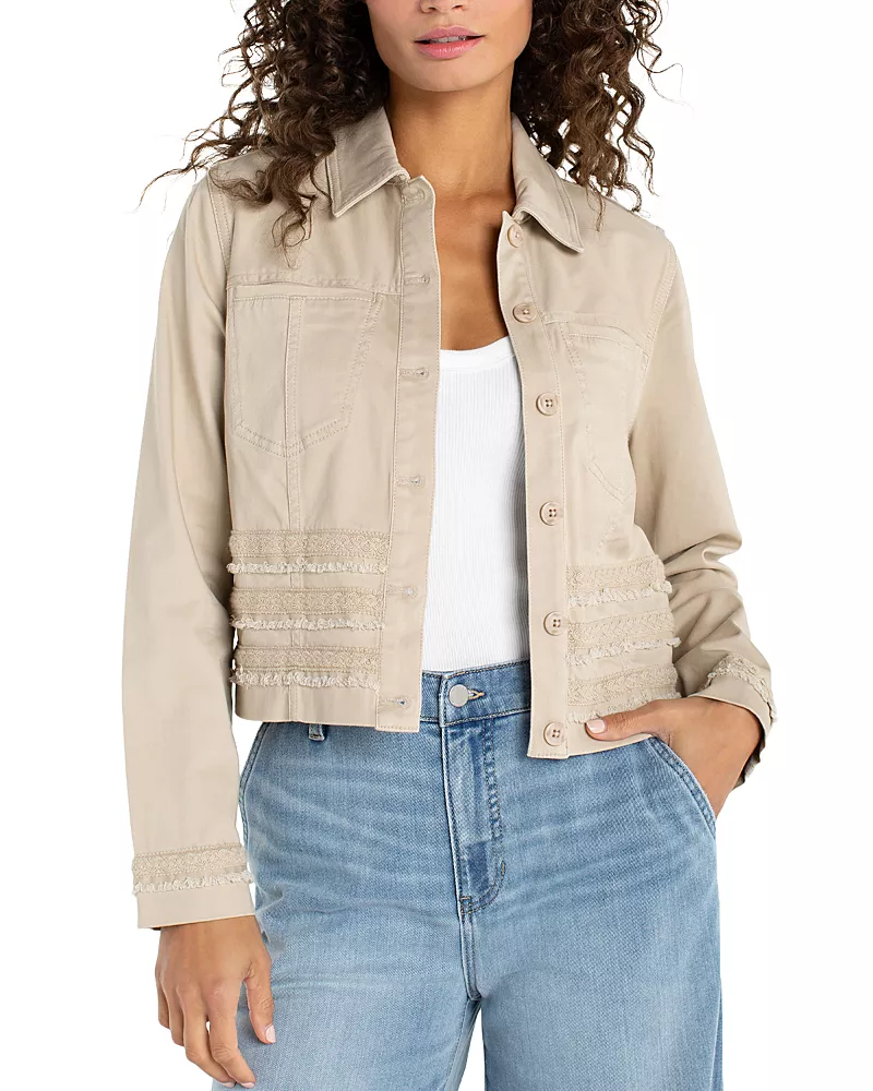 Liverpool Los Angeles Denim Trucker Jacket with Fray and Lace in Safari Sand