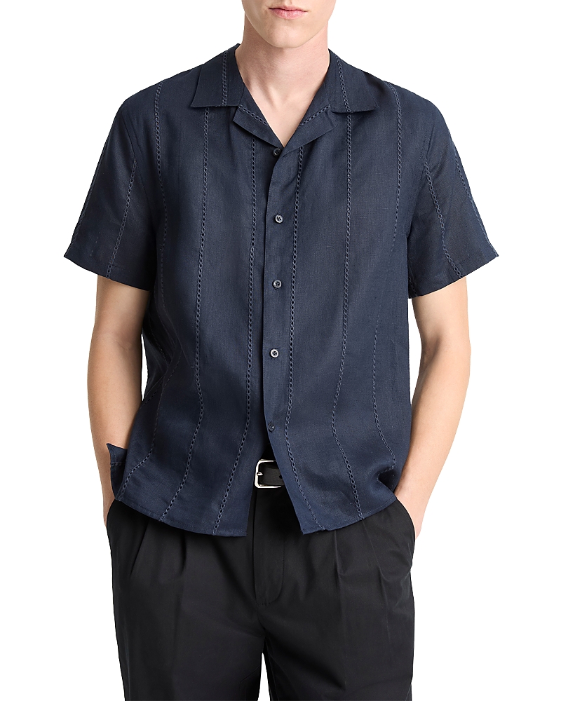 Vince Linen Eyelet Stripe Short Sleeve Cabana Shirt