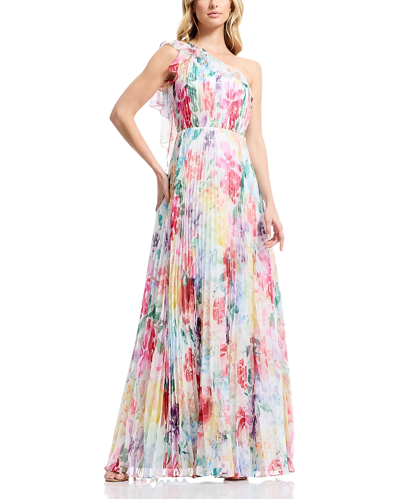 Dress the Population Sleeveless One Shoulder Ruffle Fit-and-Flare Gown