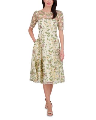 Three Quarter Sleeve Short Dress with Illusion Yoke