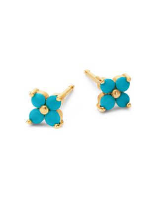 14K Yellow Gold Turquoise Gemstones Flower Cluster Stud Earrings