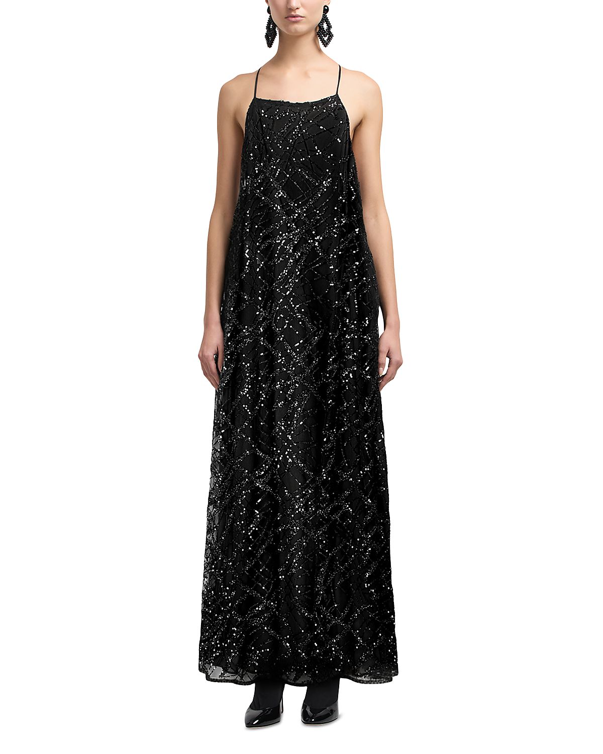Emporio Armani Tulle Maxi Dress with Allover Sequin Embroidery