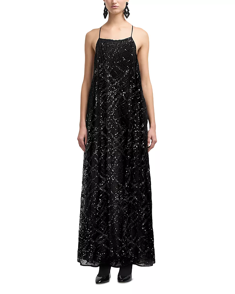 Emporio Armani Tulle Maxi Dress with Allover Sequin Embroidery