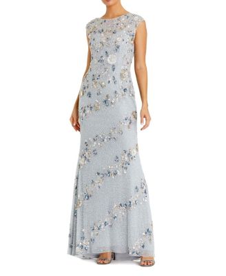  Beaded High Neck Cap Sleeve Column Gown