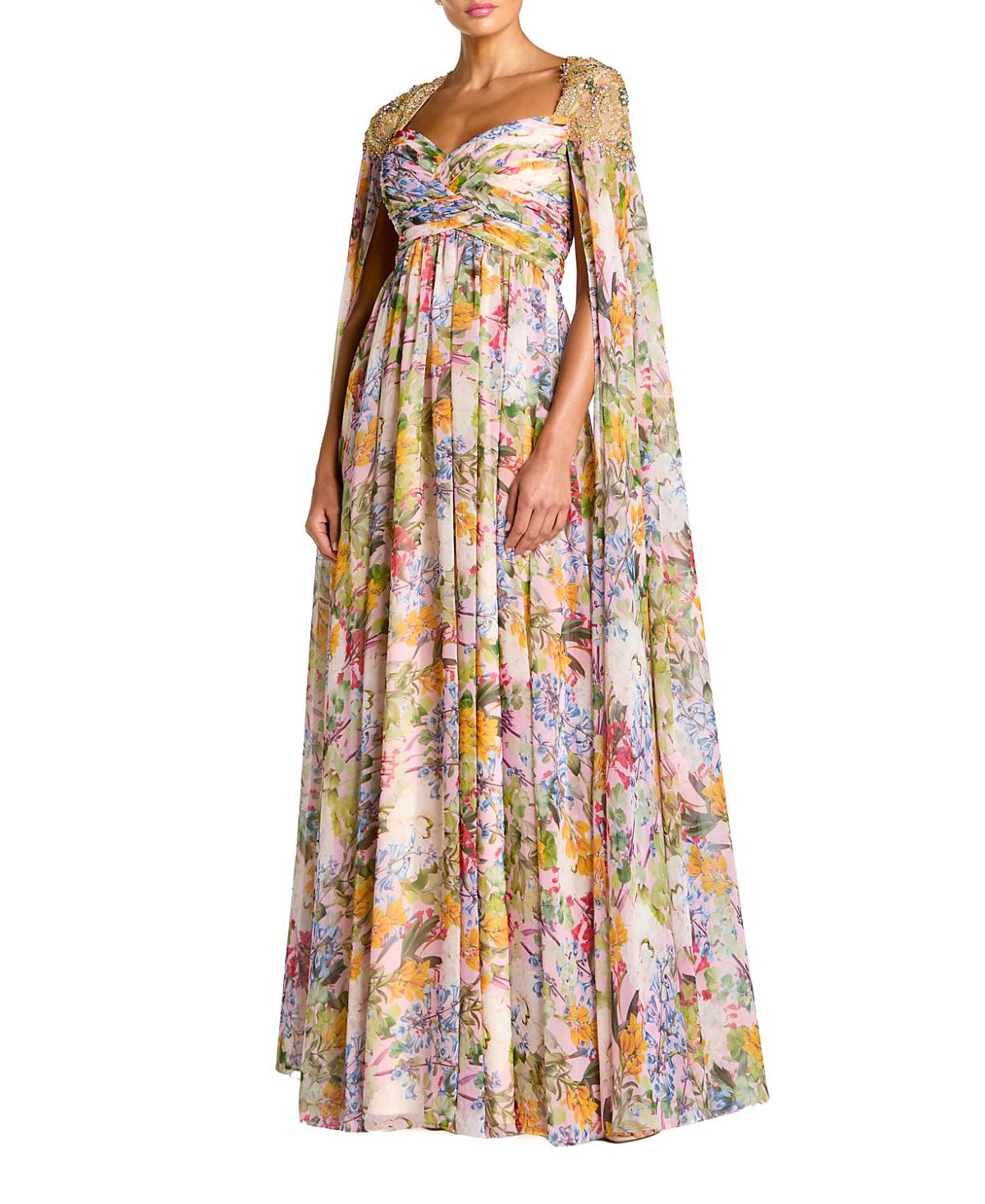 Mac Duggal Printed Chiffon Gown With Beaded Cape Sleeves