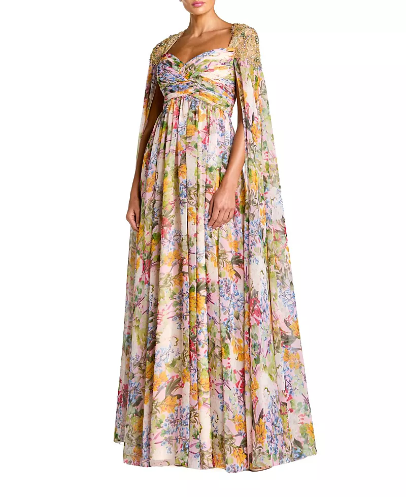 Mac Duggal Printed Chiffon Gown With Beaded Cape Sleeves