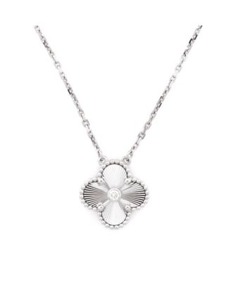  Vintage Alhambra Pendant Necklace Guilloche 18K White Gold with Diamond, 16.5"