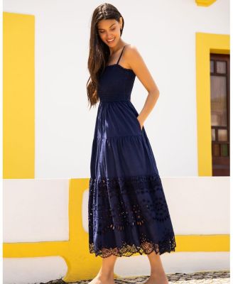 Kristen Smocked Embroidered Tiered Midi Dress