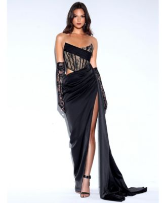  Callie Lace Satin Corset High Slit Gown