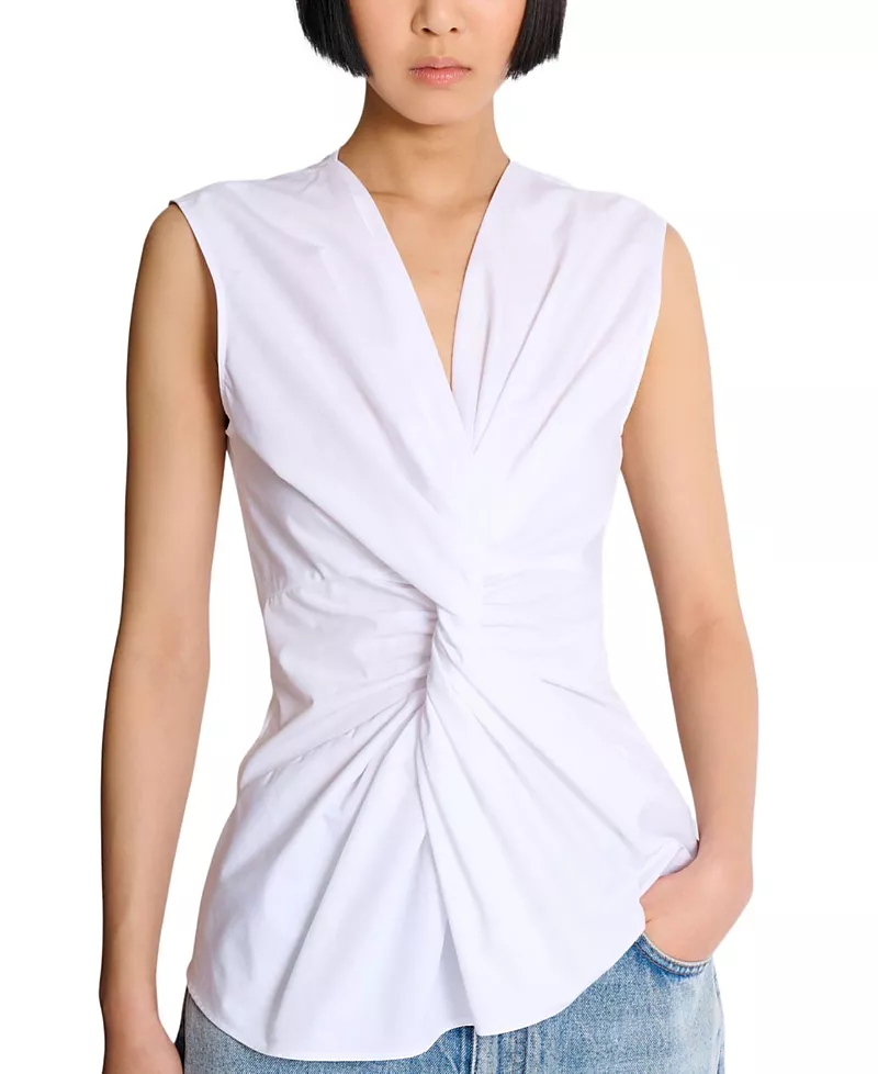 Balmain Draped Sleeveless Cotton Poplin Shirt