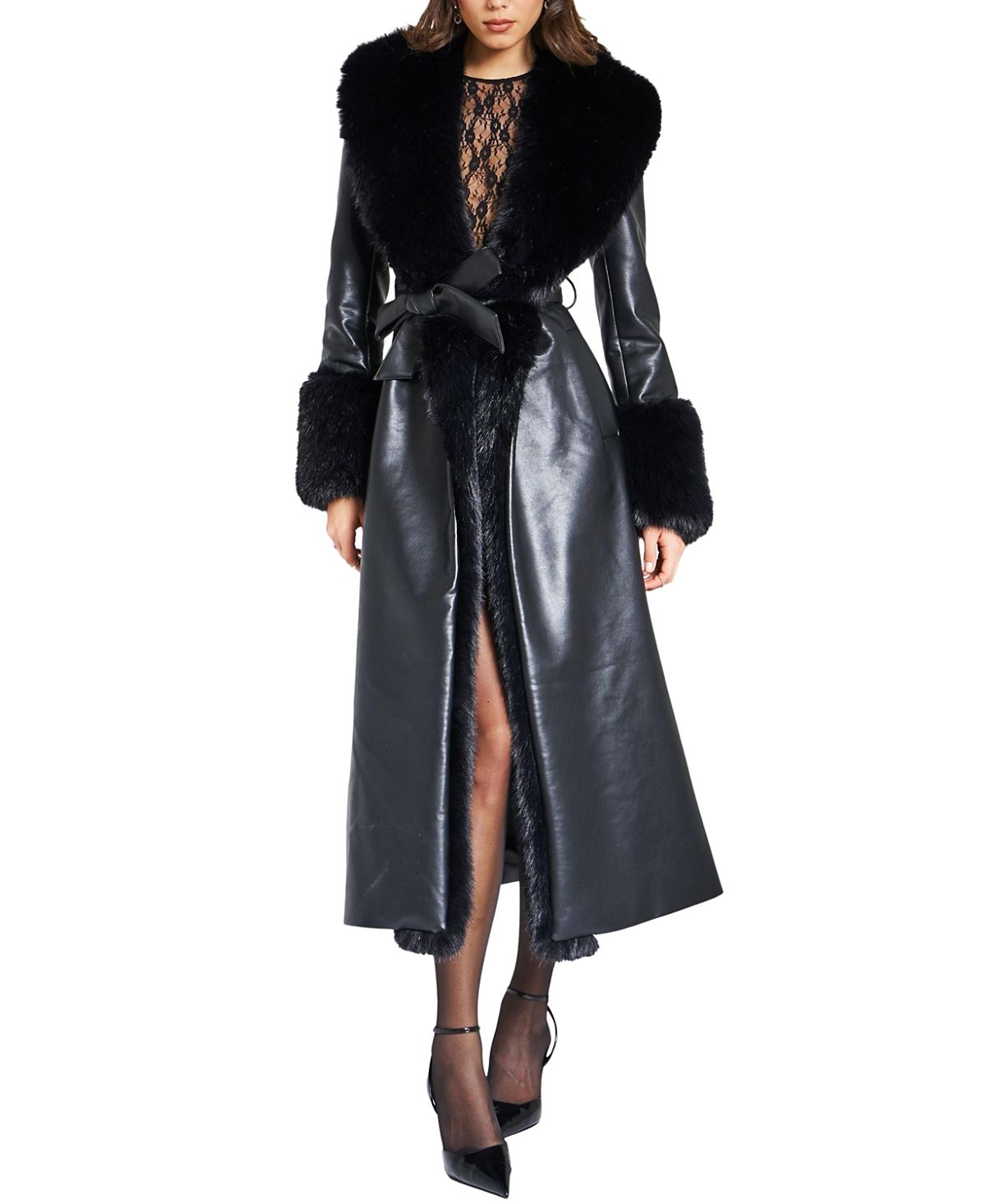 Miss Circle Zaida Faux Fur Trim Faux Leather Coat