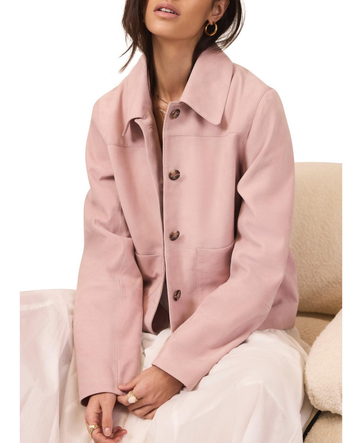 Women's Suede Jacket with Classic Collar & Button-Front Pockets