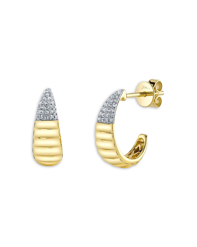 Shy Creation 14K Yellow Gold Diamond Pave Ridge Texture C Hoop Earrings