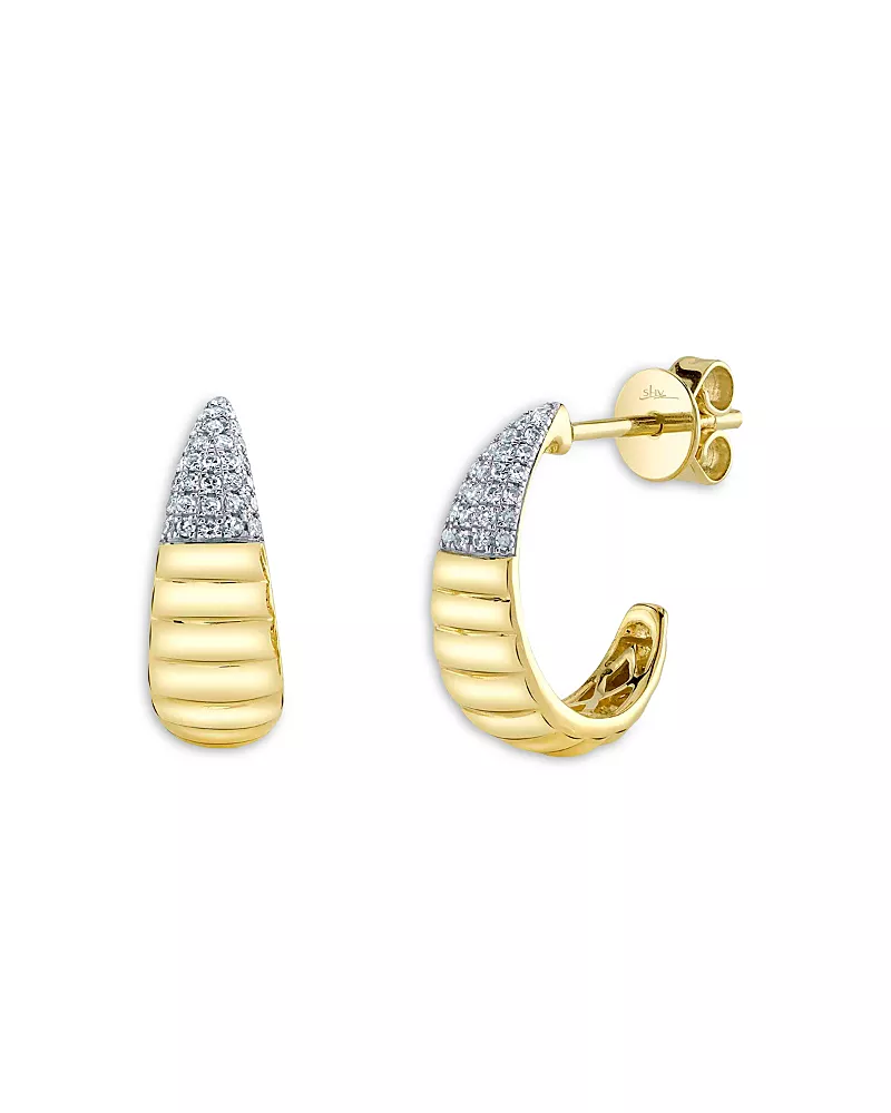 Shy Creation 14K Yellow Gold Diamond Pave Ridge Texture C Hoop Earrings