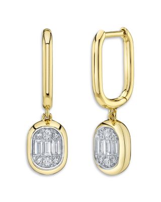 14K Yellow Gold Diamond Baguette & Round Oval Cluster Dangle Hoop Earrings