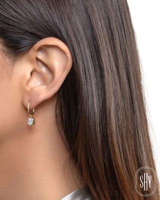 14K Yellow Gold Diamond Baguette & Round Oval Cluster Dangle Hoop Earrings