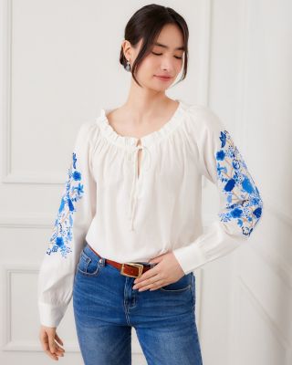 Embroidered Blouson Sleeve Tie Neck Peasant Top