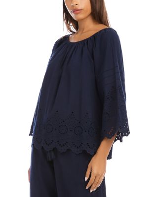 Flare Sleeve Embroidered Scallop Edge Peasant Top