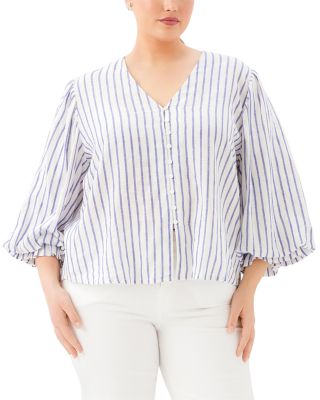 Plus Size Stripe Layered Sleeve Shirred Blouse