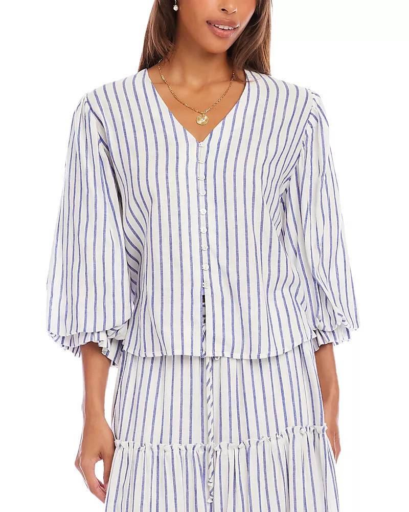 Karen Kane Stripe Layered Sleeve Shirred Blouse
