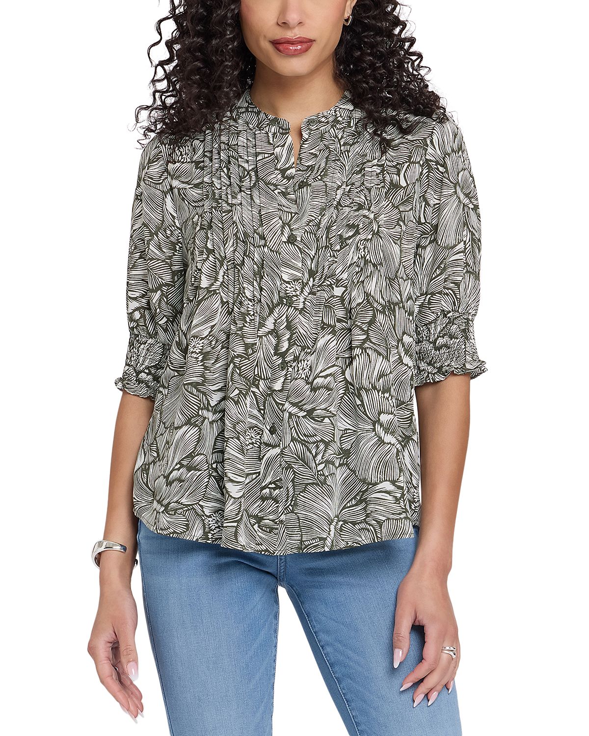 Nydj Floral Print Pleated Peasant Top