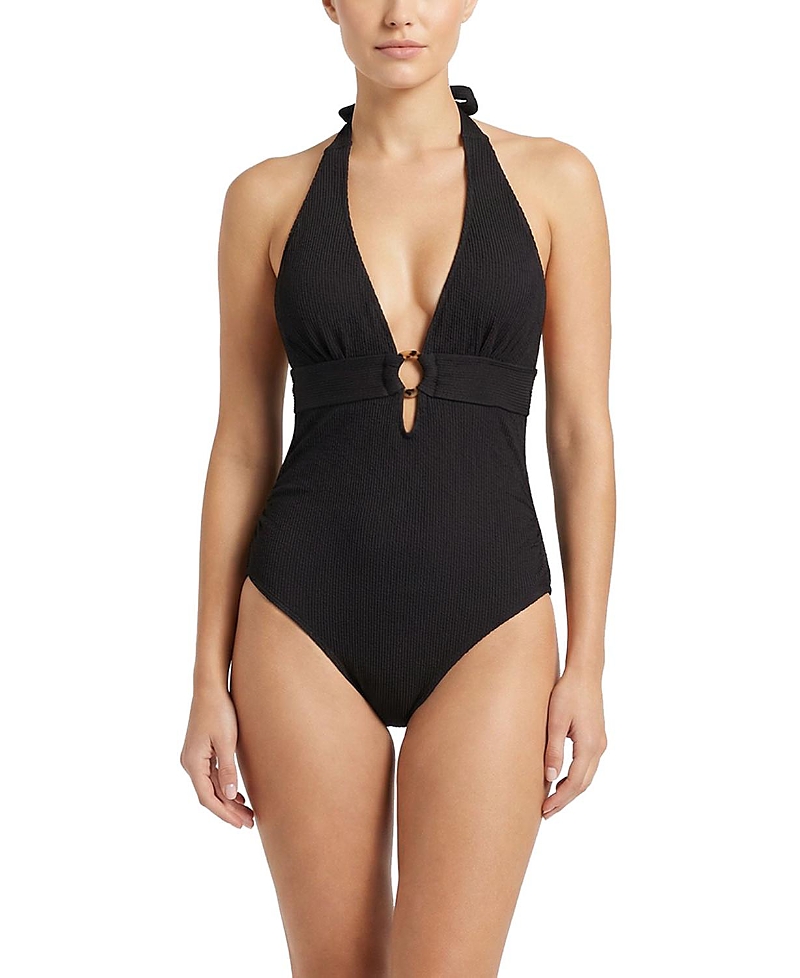 Change of Scenery Gabrielle Ring Halter Textured One-Piece Swimsuit