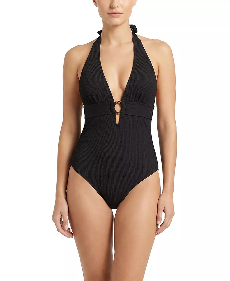 Change of Scenery Gabrielle Ring Halter Textured One-Piece Swimsuit