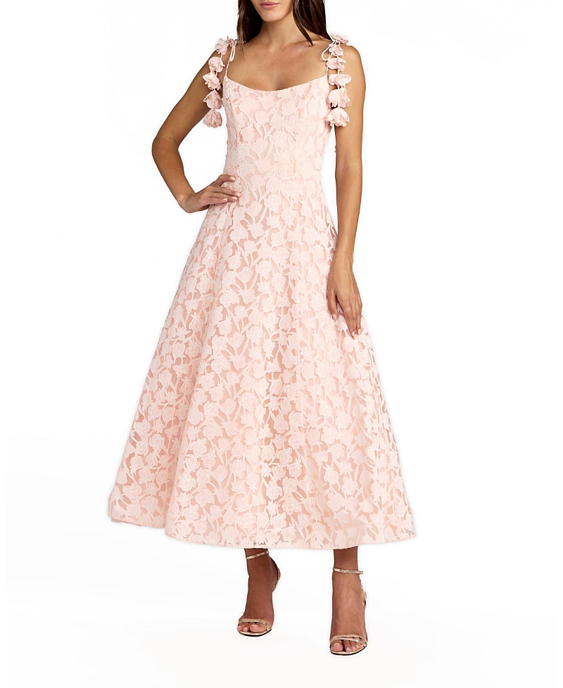 Mac Duggal Floral Net Tie Strap Scoop Neck A Line Midi Dress