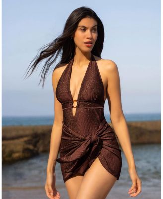  Gabrielle Ring Halter One-Piece Swimsuit in Metallic