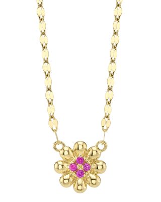 14K Yellow Gold Pink Sapphire Flower Pendant Necklace, 18"