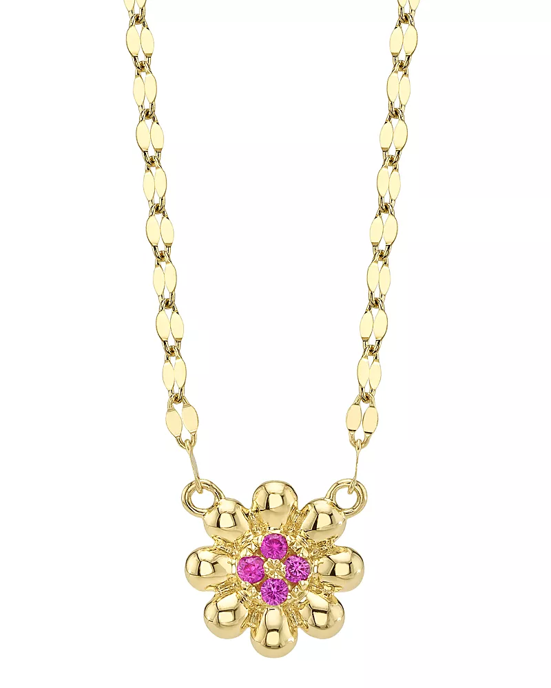 Moon & Meadow 14K Yellow Gold Pink Sapphire Flower Pendant Necklace, 18