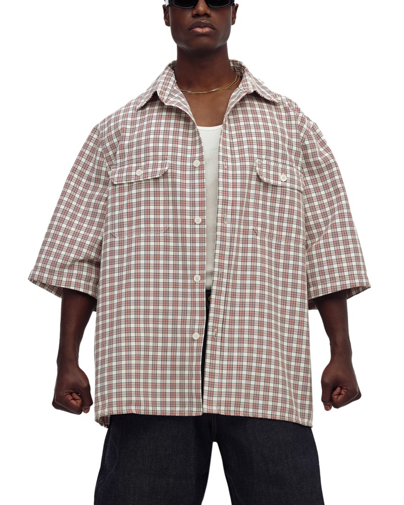 Willy Chavarria The Short Sleeve Corcoran Shirt in Red/White Picnic Plaid