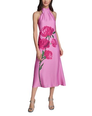 Floral Print Satin Crepe Halter Midi Dress