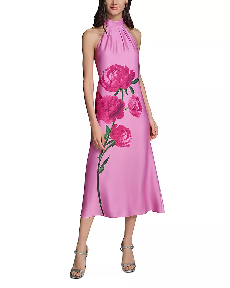Karl Lagerfeld Paris Floral Print Satin Crepe Halter Midi Dress
