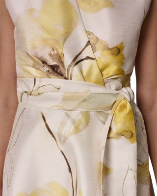 Sleeveless V Neck Jacquard Faux Wrap A Line Dress