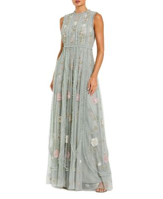  Petite Floral Mesh Sleeveless A Line Micro Ruffle Gown