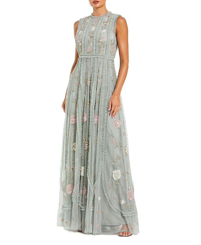 Mac Duggal Petite Floral Mesh Sleeveless A Line Micro Ruffle Gown